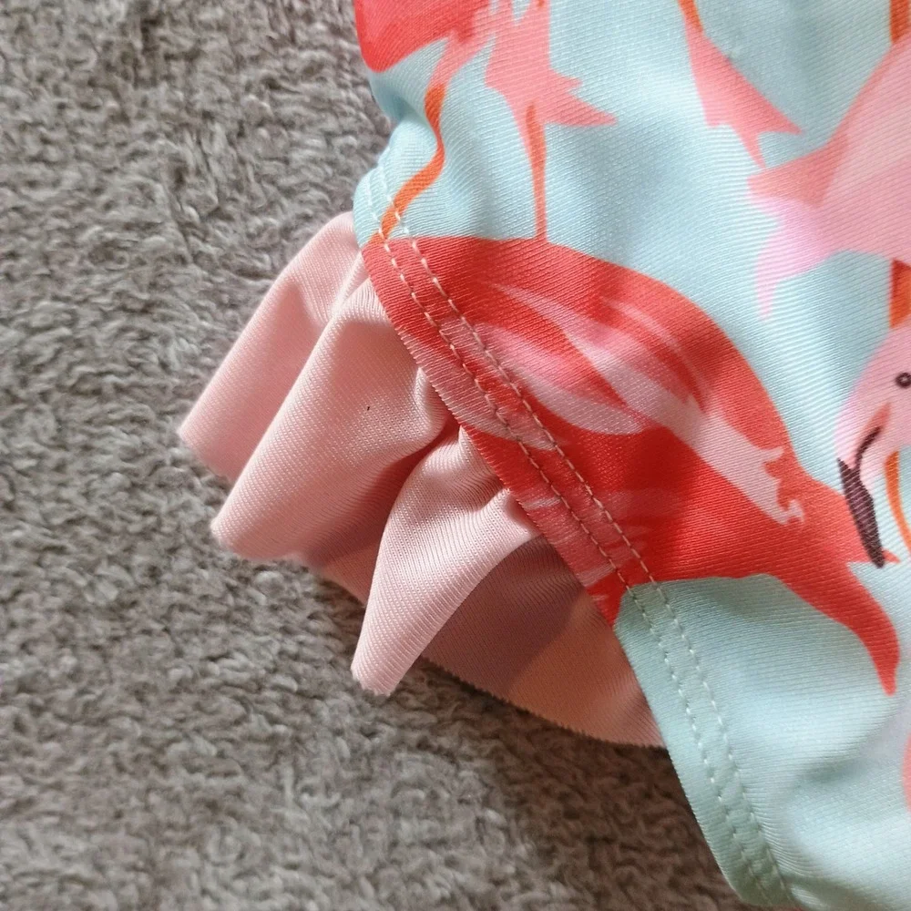 Unbranded‎ Girls Flamingo Print Rash Guard Pink 70 Ruffle Long Sleeve Swimsuit